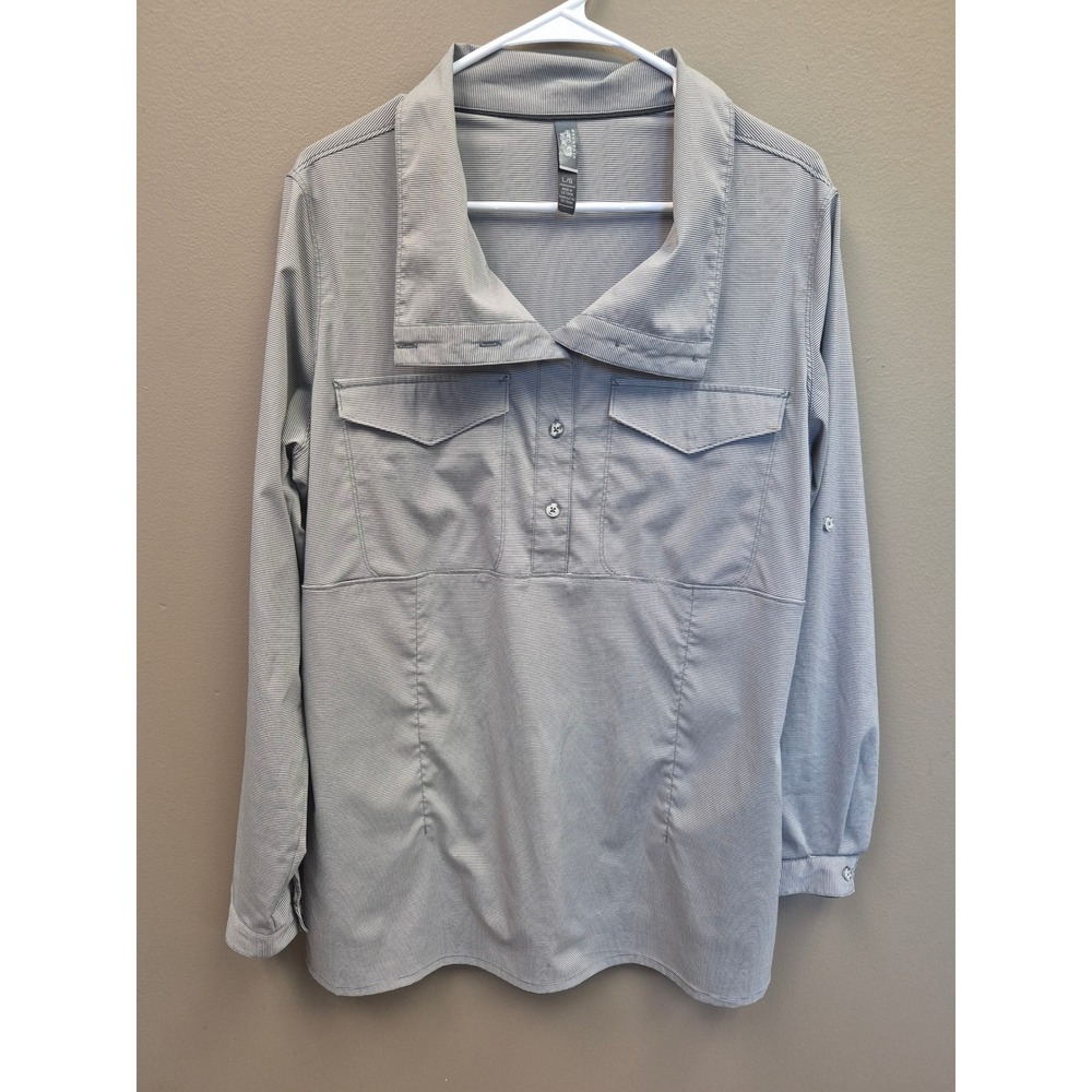 Mountain Hardwear Women's L Gray Striped Hiking Outdoor UPF Pullover Shirt Top